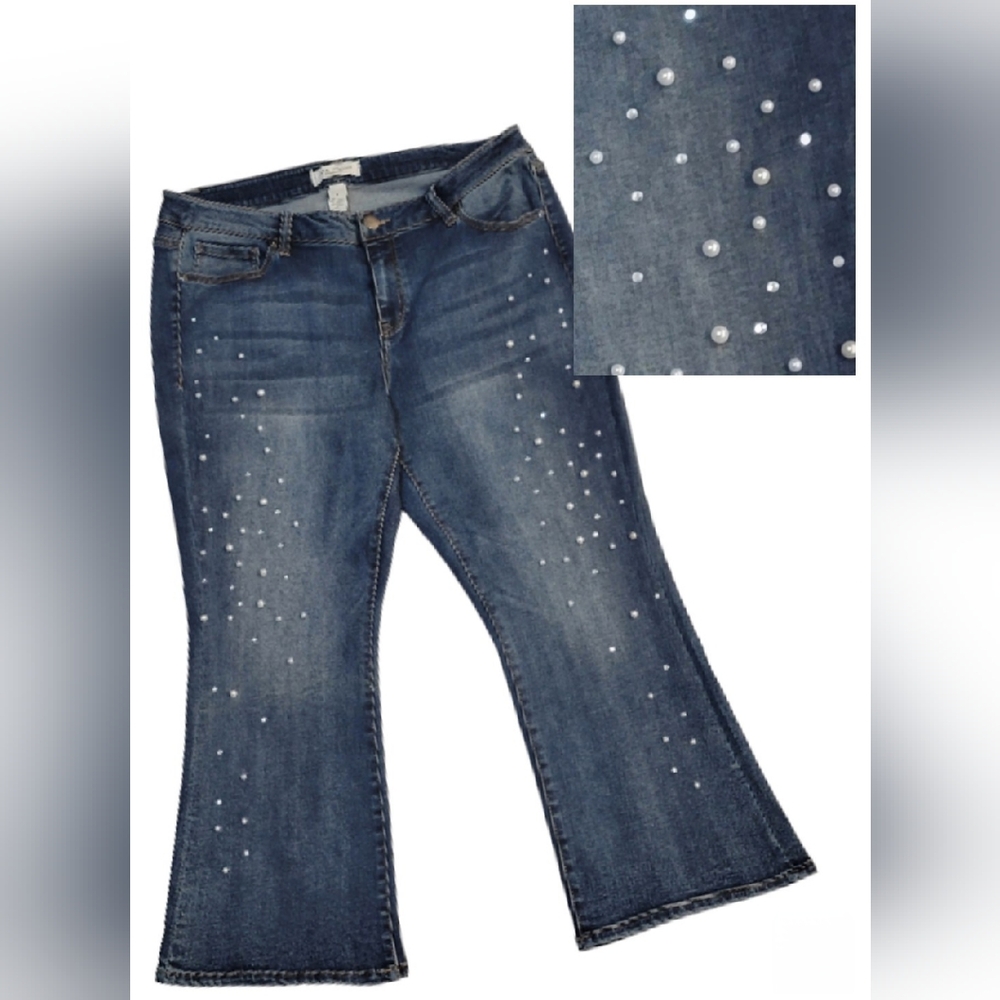 Lane Bryant Mid-Rise Kick Boot Jeans Essential Stretch Pearls Rhinestone Size 16